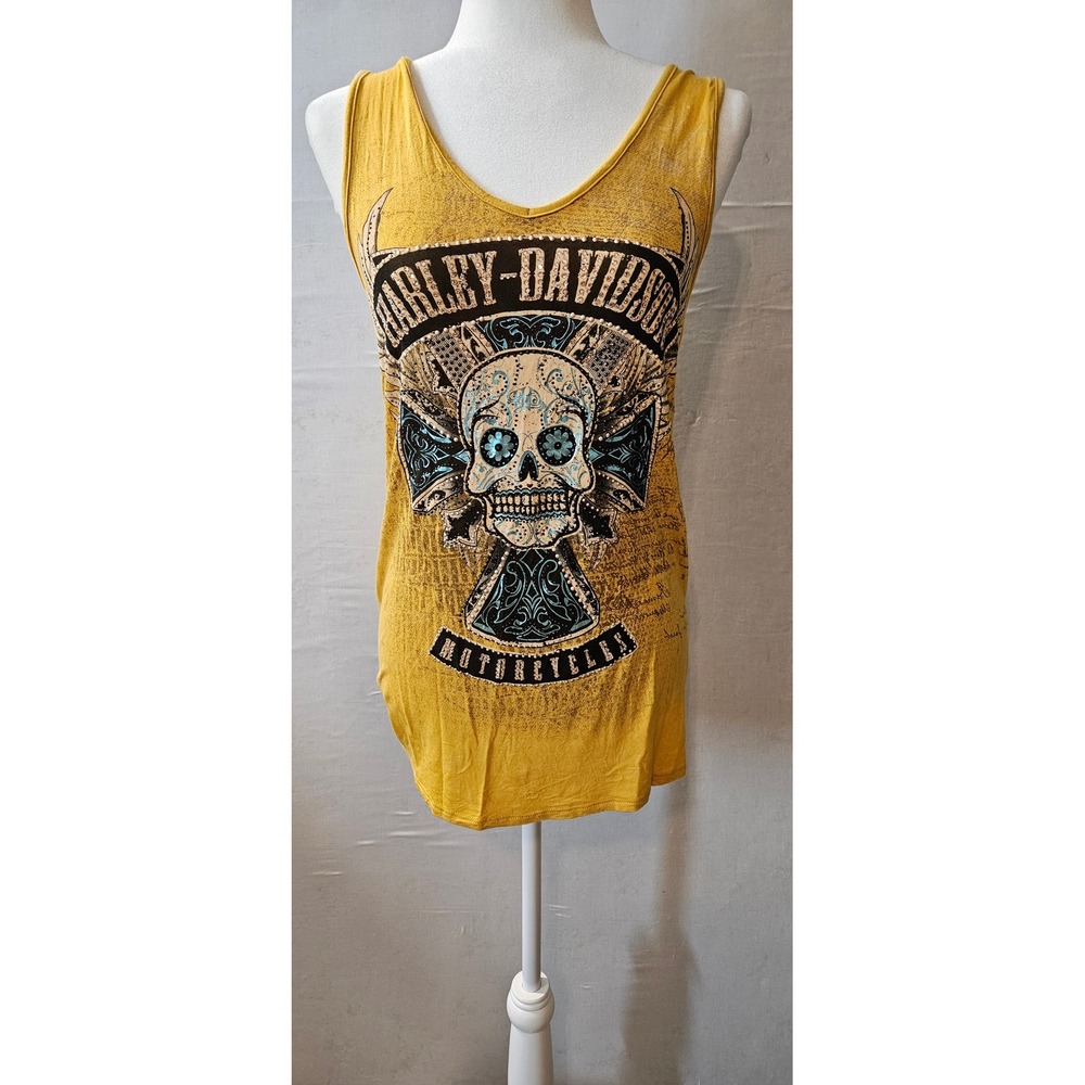 Harley-Davidson Women Mustard Yellow Sugar Skull Rhinestone Strappy Back Tank M